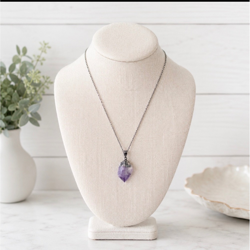 Raw Amethyst Crystal Pendant Necklace Sterling Silver Chain Purple Gemstone